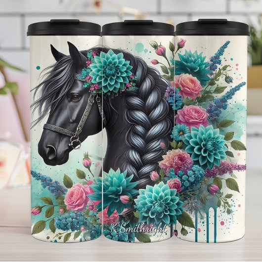 Floral Black Horse Braided Mane Thermosbecher