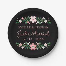 Floral Black Just Married Pink Blume Hochzeit