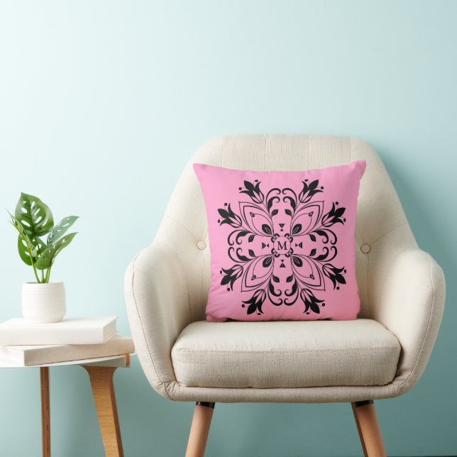 Floral Black Mandala Mit Monogramm Kissen (Stuhl )