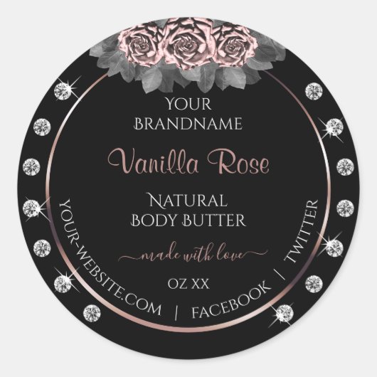 Floral Black Product Labels Rose Gold Frame Juwele Runder Aufkleber (Vorderseite)