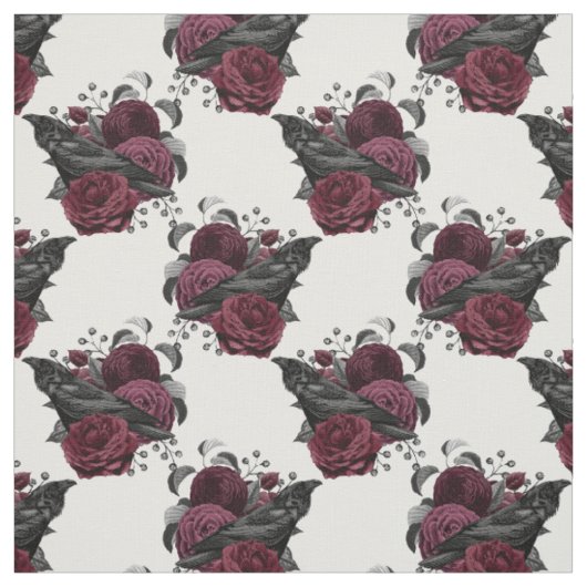 Floral Black Raven auf Weiß Stoff (Muster)