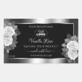 Floral Black Silver Product Label White Roses Logo Rechteckiger Aufkleber (Vorderseite)
