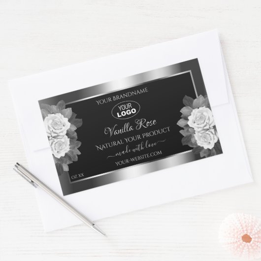 Floral Black Silver Product Label White Roses Logo Rechteckiger Aufkleber (Umschlag)