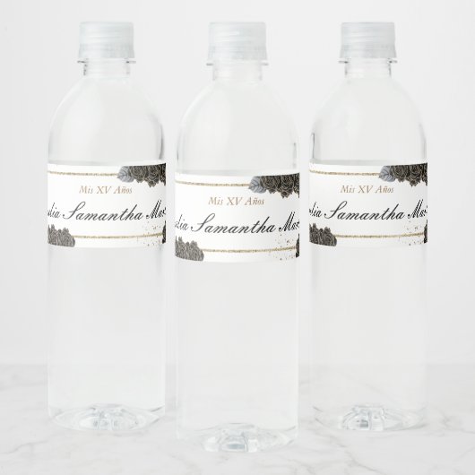Floral Black und Gold Quinceñera Thema Wasserflaschenetikett (Flaschen)