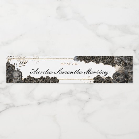 Floral Black und Gold Quinceñera Thema Wasserflaschenetikett (Einzelnes Label)