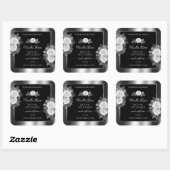 Floral Black und Silver Product Labels White Roses Quadratischer Aufkleber (Blatt)