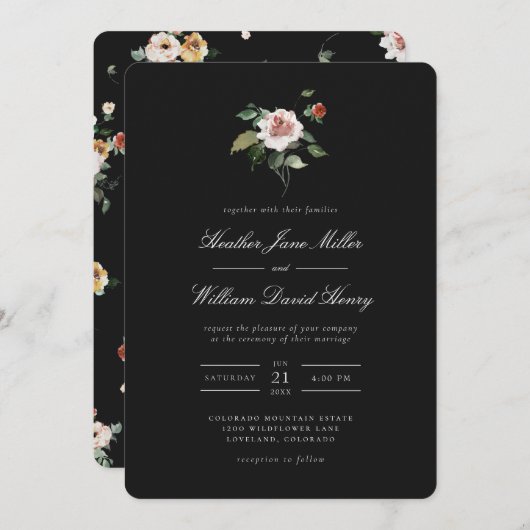 Floral Black Wedding Einladung (Vorne/Hinten)