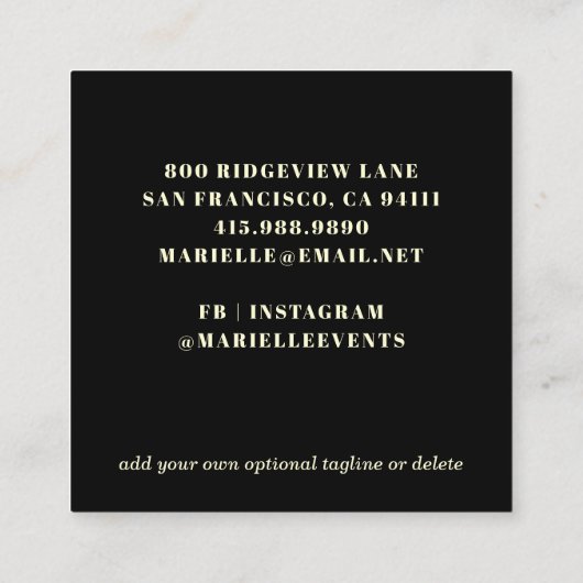 Floral Black Wedding Planner Square Visitenkarte (Rückseite)