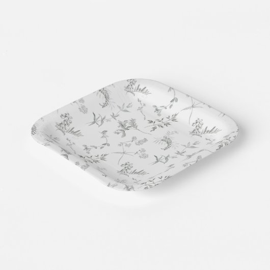 Floral Black & White Botanical Line Art Plate Pappteller (Gewinkelt)