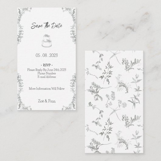 Floral Black & White Botanical Line Save The Date Mitteilungskarte (Vorne/Hinten)