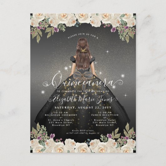 Floral Black White Gold Glam Princess Quinceanera Postkarte (Vorderseite)