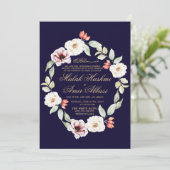 Floral Blätter Border Blue Islamic Muslim Wedding Einladung (Stehend Vorderseite)
