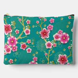  Floral Blooming Pink Flowers on Green Background Zubehörtasche