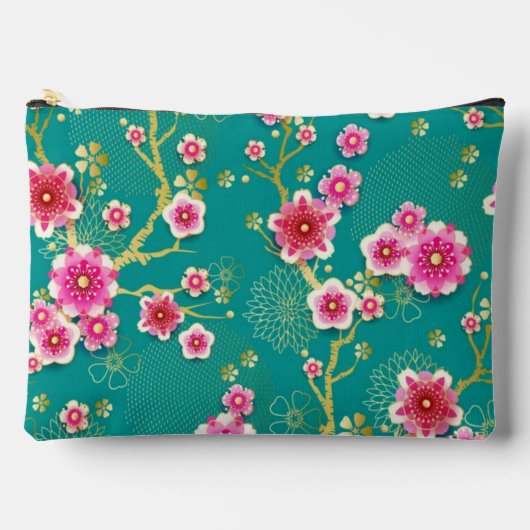  Floral Blooming Pink Flowers on Green Background Zubehörtasche (Vorderseite)