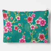 Floral Blooming Pink Flowers on Green Background Zubehörtasche (Rückseite)
