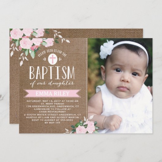 Floral Blooms Burlap | Tauflanung Einladung (Vorne/Hinten)