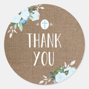 Floral Blooms Religious Danke Sticker Burlap Blue
