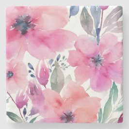 Floral Blossoms | Watercolor Pink Flowers Painted Steinuntersetzer