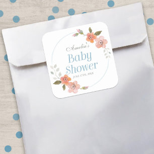 Floral Blue Babydusche Square Sticker