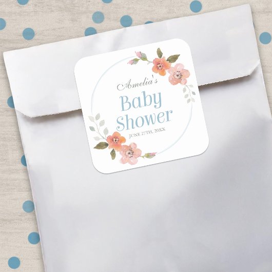 Floral Blue Babydusche Square Sticker