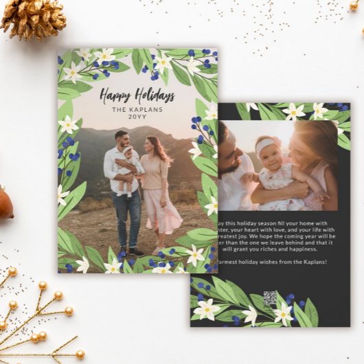 Floral Blue Berries Greenery Frame Happy Holidays Feiertagskarte