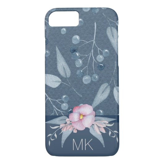 Floral Blue Berry Wasserfarbe mit Monogramm Case-Mate iPhone Hülle (Rückseite)