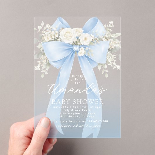Floral Blue Bow Baby Boy Shower Acryleinladungen (Insitu (Handheld))