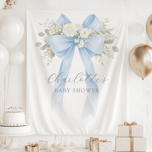 Floral Blue Bow Baby Boy Shower Wandteppich