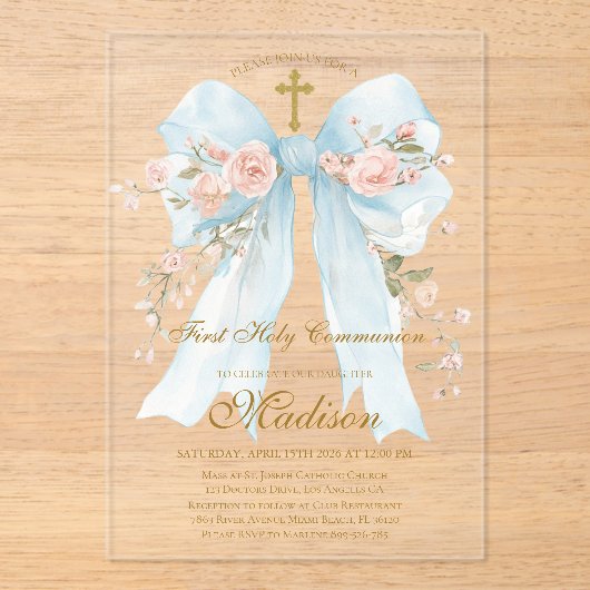 Floral Blue Bow First Holy Communion Girl Acryleinladungen (Vorderseite)