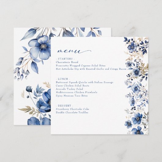 Floral Blue Brautparty Flat Menu Menükarte (Vorne/Hinten)