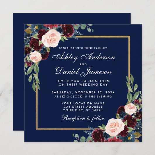 Floral Blue Burgundy Gold Wedite Card Einladung (Vorne/Hinten)
