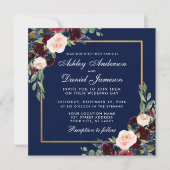 Floral Blue Burgundy Gold Wedite Card Einladung (Vorderseite)