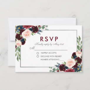 Floral Blue Burgundy Silver Wedding RSVP Karte