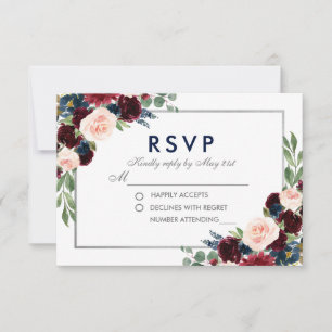 Floral Blue Burgundy Wedding Silver UAWG RSVP Karte