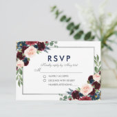 Floral Blue Burgundy Wedding Silver UAWG RSVP Karte (Stehend Vorderseite)