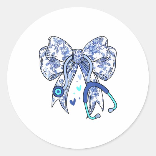 Floral Blue Coquette Bow Nurse Stethoscope Medical Runder Aufkleber (Vorderseite)