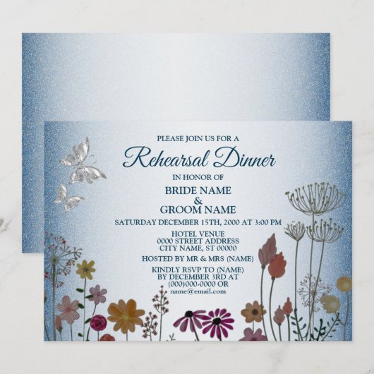 Floral Blue Glitter Wedding Rehearsal Dinner Party Einladung (Vorne/Hinten)