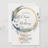 Floral Blue Gold Boho Wedding Einladung (Vorderseite)