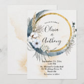 Floral Blue Gold Boho Wedding Einladung (Vorne/Hinten)