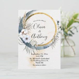 Floral Blue Gold Boho Wedding Einladung