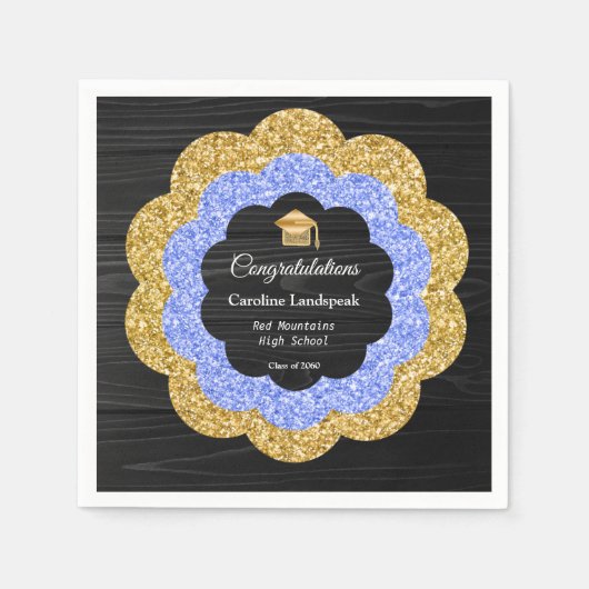 Floral Blue Gold Graduation Party Serviette (Vorderseite)