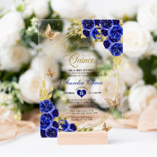 Floral Blue Gold Tiara Butterfly Mis Quinceañera Acryleinladungen
