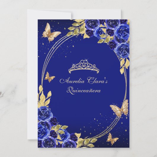 Floral Blue Gold Tiara Butterfly Mis Quinceañera Einladung (Rückseite)