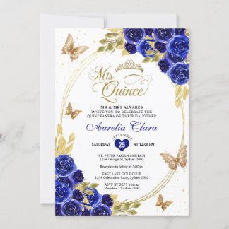 Floral Blue Gold Tiara Butterfly Mis Quinceañera Einladung