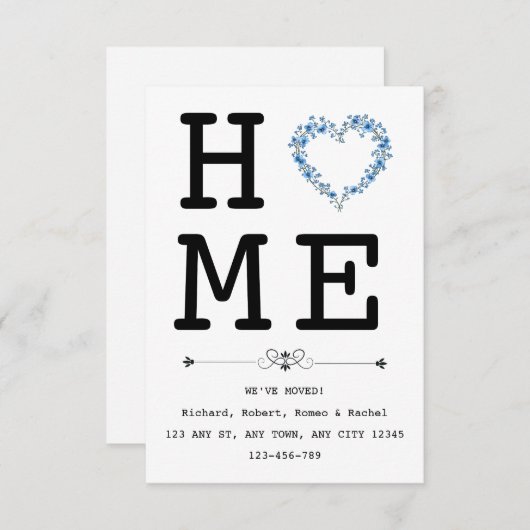 Floral Blue Heart New Home Announcement Ankündigung (Vorne/Hinten)