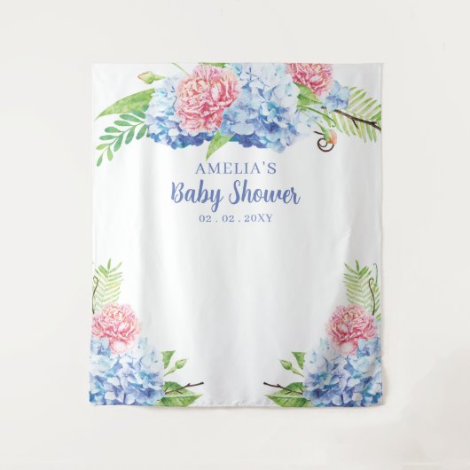 Floral Blue Hydrangea Babydusche Hintergrund Wandteppich (Vorderseite)