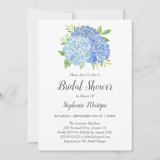 Floral Blue Hydrangea Bouquet Brautparty Einladung (Vorderseite)