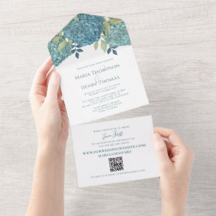 Floral Blue Hydrangea QR Code Gast adressiert All In One Einladung