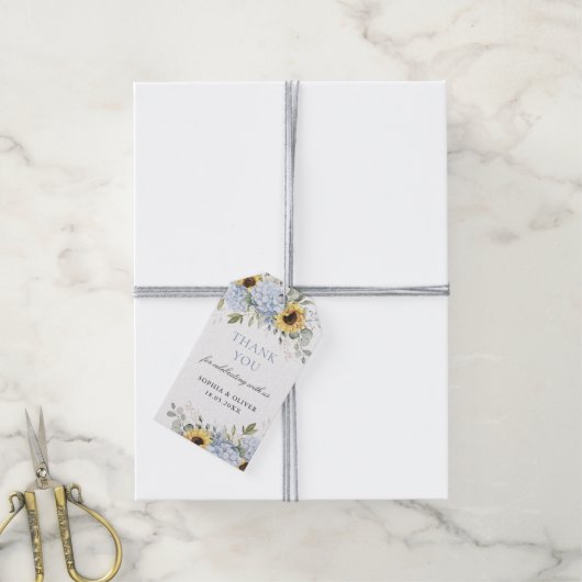 Floral Blue Hydrangea Sonnenblumen Hochzeit Vielen Geschenkanhänger (Mit Garn)