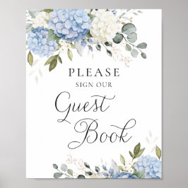 Floral Blue Hydrangea Wedding Guest Book Sign Poster